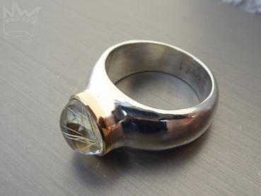 Preview: Silberring mit Rutilquarz in Gold gefasst